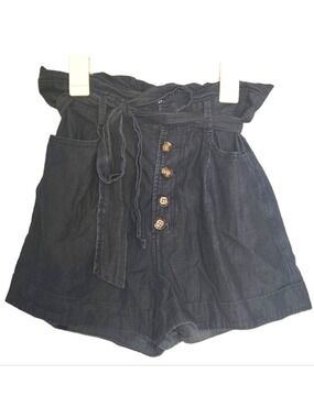 Express high rise buttonfly paper bag waist chambray blue denim S/P tie waist